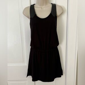 David Lerner Black Racerback Mini Dress Leather Upper Elastic Waist Sporty Sexy